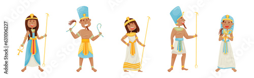 Egyptian God and Deities Wearing Antique Clothing and Holding Rod Vector Set
