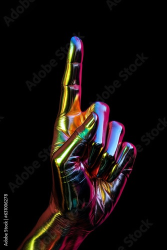 Futuristic Metallic Hand Neon-infused Digitalism and Fluid Figurants in this Captivating Exploration of Liquid Metal, Bold Chromaticity and Gradient Silver Blends photo