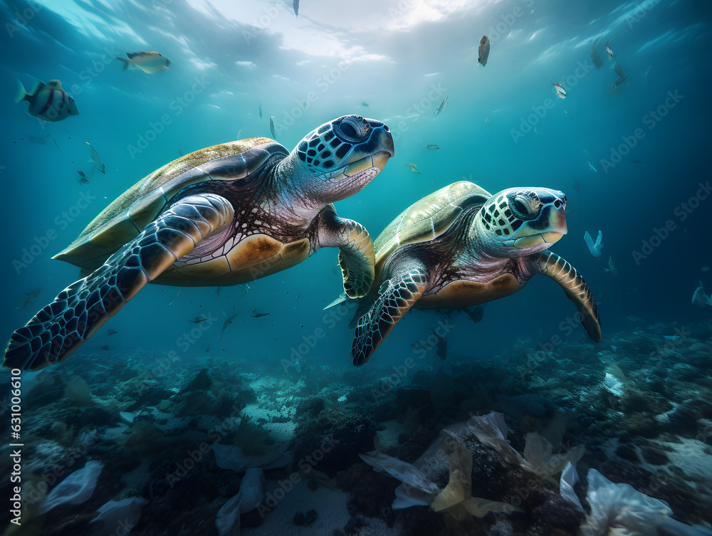green sea turtle swimming in plastic 