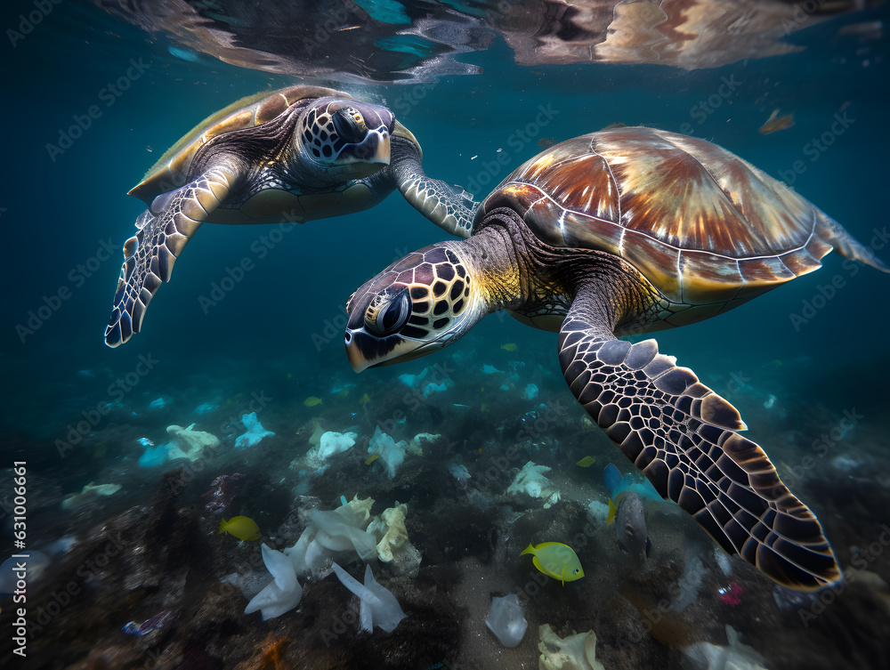 Fototapeta premium green sea turtle swimming in plastic 