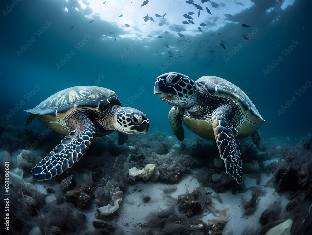 Fototapeta premium sea turtle swimming in plastic sea