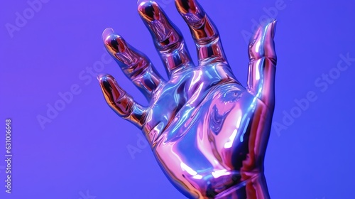 Futuristic Metallic Hand Neon-infused Digitalism and Fluid Figurants in this Captivating Exploration of Liquid Metal, Bold Chromaticity and Gradient Silver Blends photo