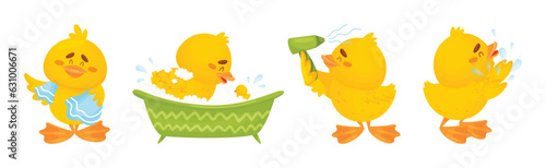 Little Yellow Chick Washing Having Spa Vector Set