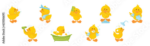 Little Yellow Chick Washing Having Spa Vector Set