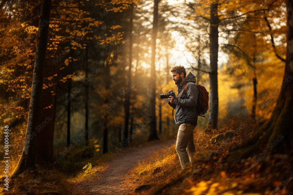 Photographer on nature landscape in the background. Travel vacation concept for World Photography Day Photographer on nature landscape in the background. Travel vacation concept for World Photography Day