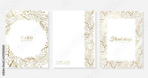 Set of vector cards with hand drawn gold botanical design of small twigs, flowers, berries in doodle style