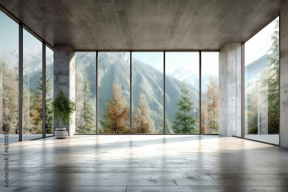 Empty room with panoramic window and mountain view Empty room with panoramic window and mountain view