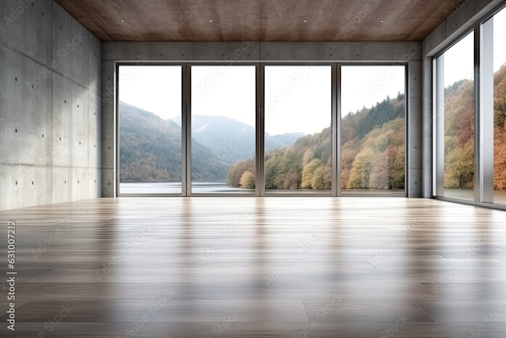 Fototapeta premium Empty room with panoramic window and mountain view