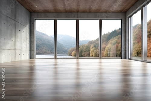 Empty room with panoramic window and mountain view