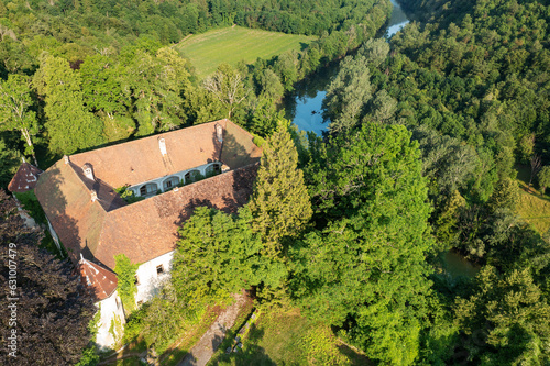 Aerial view of old Severin castle town above the Kupa River, Croatia photo