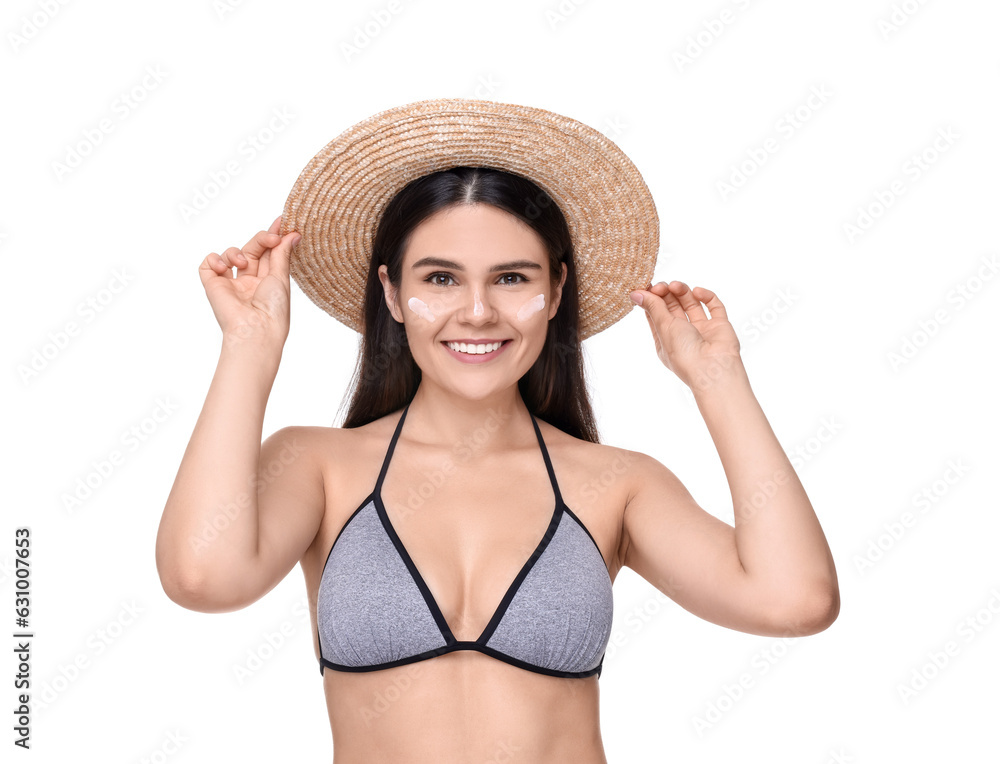 Beautiful young woman with sun protection cream on her face against white background Beautiful young woman with sun protection cream on her face against white background