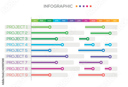 Infographic template for business. Monthly modern Timeline Gantt chart with table, presentation vector infographic.