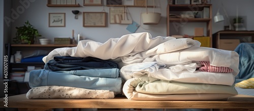 A pile of freshly laundered bedding sheets is seen in the background of a laundry room, appearing clean