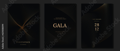 Luxury gala invitation card background vector. Golden elegant wavy gold line pattern on black background. Premium design illustration for wedding and vip cover template, grand opening.