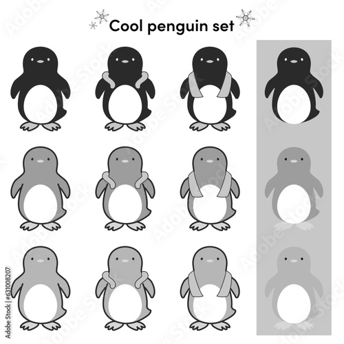 クールグッズを使用するペンギンのイラストセット（白黒）