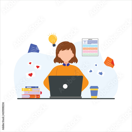 Seo infographic, content for creative blog post. Blogger character. Can use for web banner, infographics, hero images. Flat isometric character, vector illustration isolated on white background.