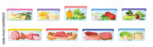 Plastic Containers with Different Food Stored Inside Vector Set