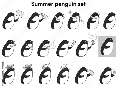 クールグッズを使用するペンギンのイラストセット（白黒）