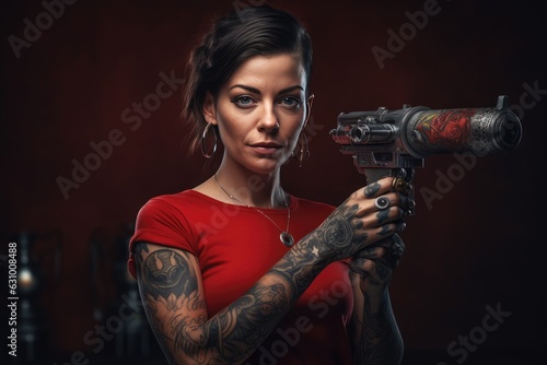 The Red-Haired Tattooed Woman with a Gun,  A Fictional Character Created by Generated AI.  photo