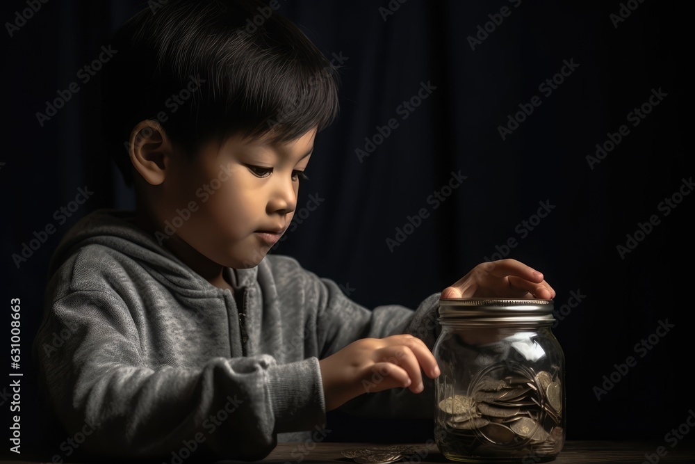 A Young Boy Touching Coins in a Mason Jar,  A Fictional Character Created by Generated AI.  - obrazy, fototapety, plakaty 