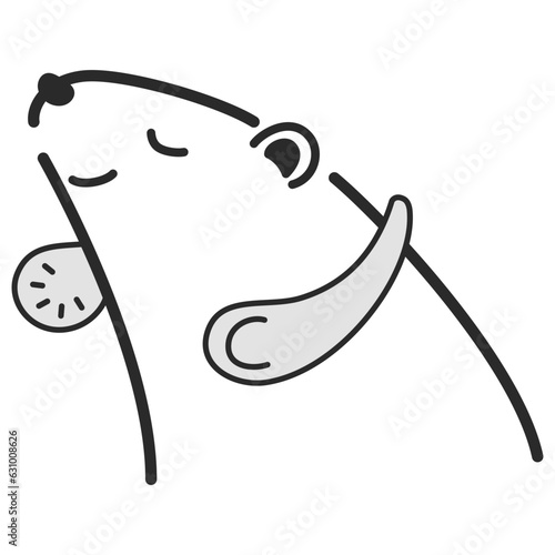 首にかける扇風機（ネックファン）を使うシロクマのイラスト（白黒）