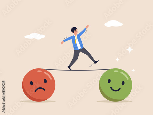 Bipolar disorder or mindful thinking concept. Relaxation make anxiety or stressed to happy, optimistic relief or metal illness therapy, depressed man walk the line from sadness to smile face.