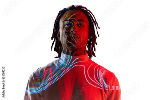 Look in future. Handsome young african man with colorful neon stripes reflection on face posing against white background in neon light. Concept of art, fashion, modern style, cyberpunk, futurism, ad