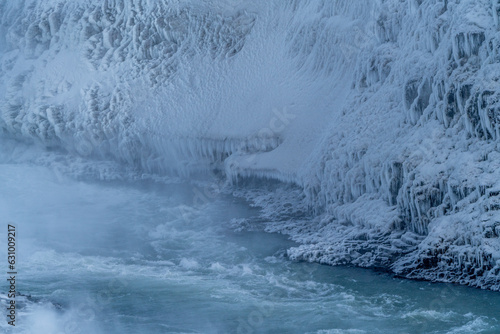 Gullfoss waterfall ice detail in winter time when it was really cold in Iceland