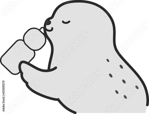 水分補給をするアザラシのイラスト（白黒）