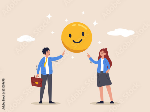Work motivation concept. Employee happiness, job satisfaction or company benefit, happy workplace or positive attitude, happy businessman and woman holding smiling face symbol in joyful workplace.