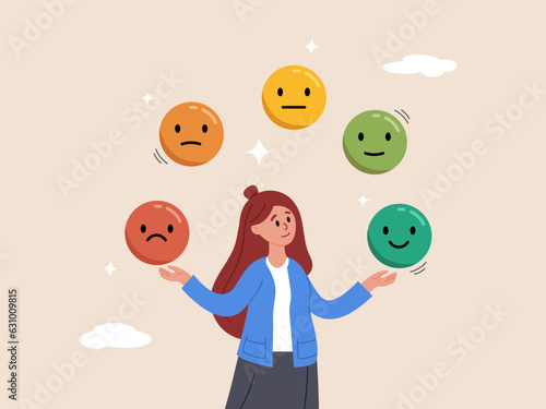 Balance of anxiety and happiness concept. Emotional intelligence, control feeling or emotion, psychology to be success, cheerful woman balance on smiling face juggling expression emotional faces.