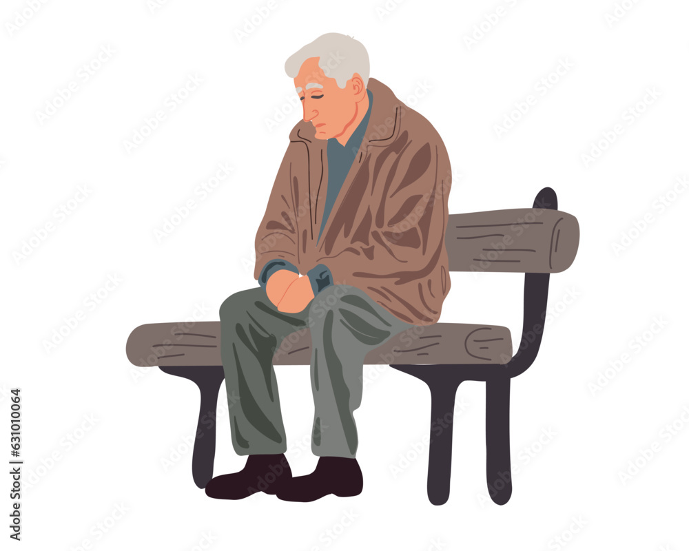 Lonely elderly man sitting on a bench, nostalgic mood. flat vector illustration Lonely elderly man sitting on a bench, nostalgic mood. flat vector illustration