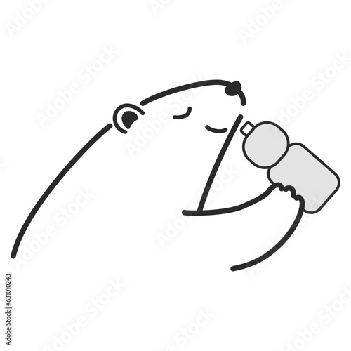 水分補給をするシロクマのイラスト（白黒）