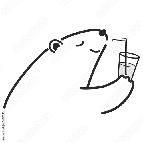 冷たい飲み物を飲むシロクマのイラスト（白黒）
