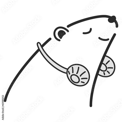首にかける扇風機（ネックファン）を使うシロクマのイラスト（白黒）