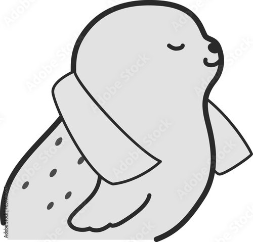 クールタオルを首にかけたアザラシのイラスト（白黒）