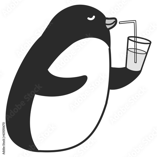 冷たい飲み物を飲むペンギンのイラスト（白黒）