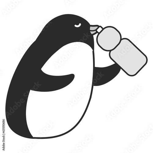 水分補給をするペンギンのイラスト（白黒）
