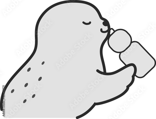 水分補給をするアザラシのイラスト（白黒）