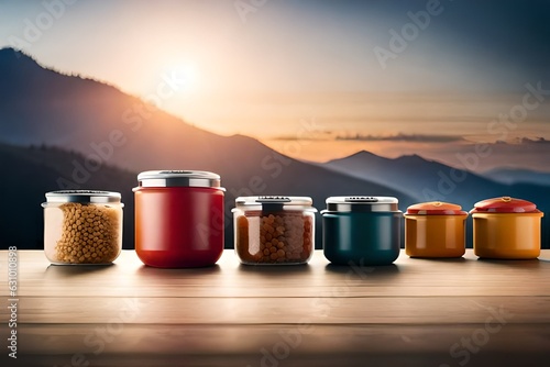 many containers with delicious food on color background