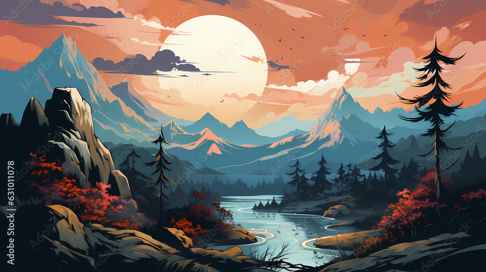 Flat illustration of nature and mountain