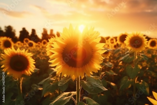 the view of the sunflower garden with the beauty of the sunrise in the morning. generative ai