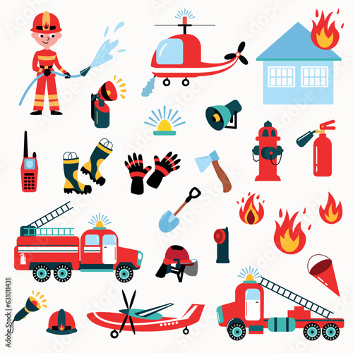 Fire Rescue Set. Firefighter, fire trucks, house on fire, fire equipment.