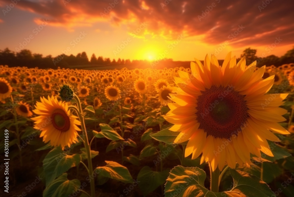 Fototapeta premium the view of the sunflower garden with the beauty of the sunrise in the morning. generative ai
