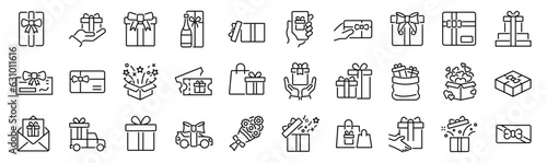 Set of 30 outline icons related to gifts, presents. Linear icon collection. Editable stroke. Vector illustration