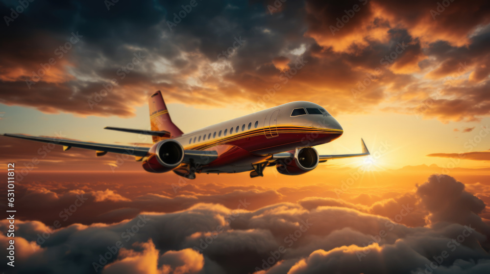 Commercial airplane flying above clouds at sunset.