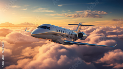Small private jet flying in the blue sky with clouds at sunset.