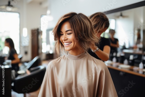 Hairstylist creating a trendy and chic bob haircut, Generative AI