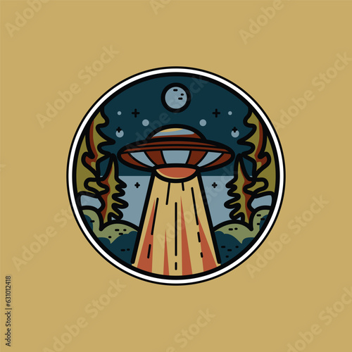 Badge and emblem ufo and jungle for adventure graphic illustration vector art t-shirt design