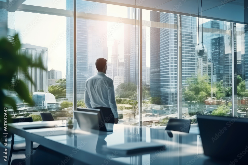 Blurred Office interior room background with modern design in working hours, indoor building of workplace of workspace, panoramic view through glass windows, with Generative Ai. Blurred Office interior room background with modern design in working hours, indoor building of workplace of workspace, panoramic view through glass windows, with Generative Ai.